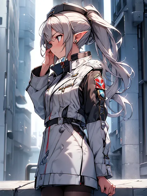 masterpiece, best quality, 8k, (highly detailed 3D rendering of a character named Ulc from SEGAs PSO2), elf-like female with pointed ears, (small gray womans Garrison cap), (long straight dark red hair), (gray futuristic military-style uniform, including a...