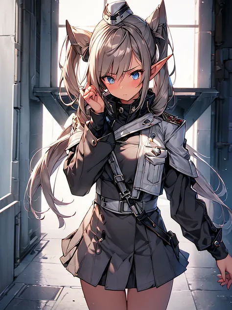 masterpiece, best quality, 8k, (highly detailed 3D rendering of a character named Ulc from SEGAs PSO2), elf-like female with pointed ears, (small gray womans Garrison cap), (long straight dark red hair), (gray futuristic military-style uniform, including a...