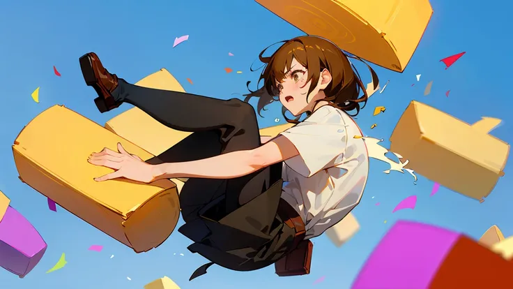 ((Highest quality)), ((masterpiece)), ((Very detailed)),Floatingする女の子,Angry expression，floating，Floating，Confetti，Brown Hair,tears,Levitating,Blue sky background,Feet in the air,tears,gravity,loafers,profile