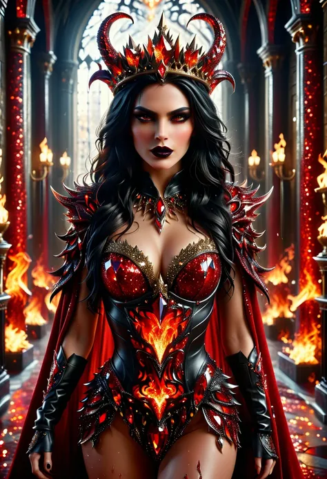 Arafed a dark glamour picture of the queen of demons in the halls of hell, (full body shot: 1.3), a demons queen magnificent and full of awe, black hair, long hair, flowing hair, bold intense eyes, extremely exquisite beautiful queen, perfect body, (anatom...