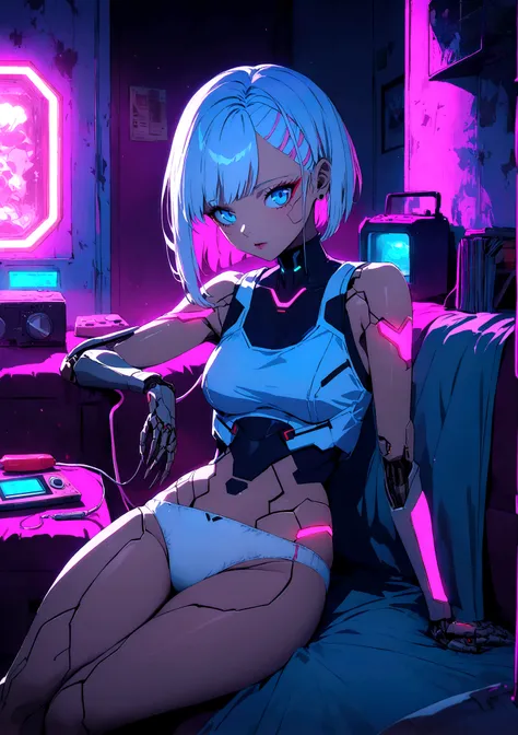 Imagine Lucy from cyberpunk edge runner, white short hair, pink line hair, blue eyes, cyborg implants, skin implants, Cyberpunk theme, white tank top, panties, sitting on cozy room. Neon lamps, retro music player