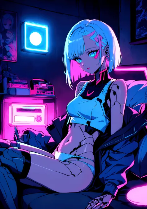 imagine lucy from cyberpunk edge runner, white short hair, pink line hair, blue eyes, cyborg implants, skin implants, cyberpunk ...