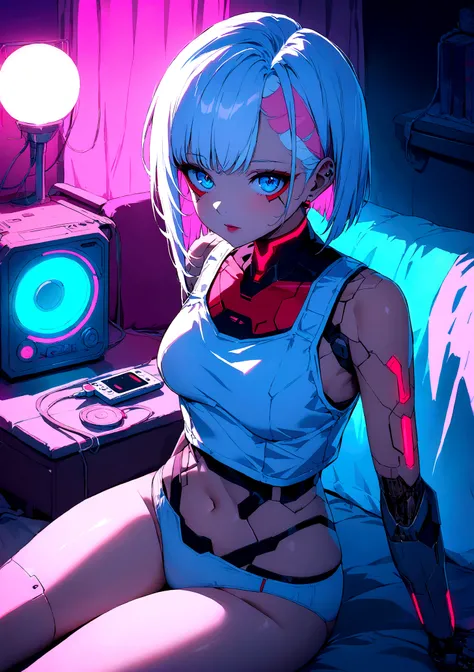 Imagine Lucy from cyberpunk edge runner, white short hair, pink line hair, blue eyes, cyborg implants, skin implants, Cyberpunk theme, white tank top, panties, sitting on cozy room. Neon lamps, retro music player