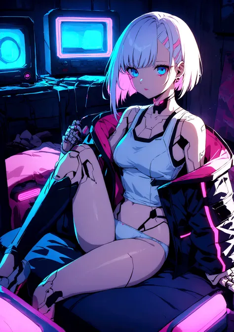 Imagine Lucy from cyberpunk edge runner, white short hair, pink line hair, blue eyes, cyborg implants, skin implants, Cyberpunk theme, white tank top, panties, sitting on cozy room. Neon lamps, retro music player