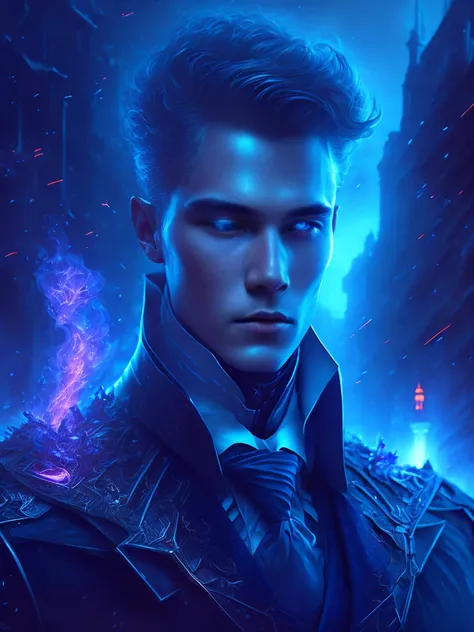 gloomy portrait of an aristocrat guy, extremely detailed, futuristic cityscape, night, glowing neon lights, smoke, Sparks, metal shavings, flying debris, Blue Energy Effects, volumetric light, flying blood, burning eyes