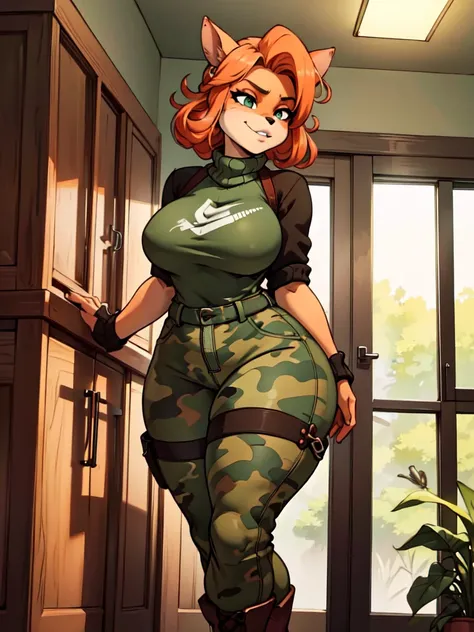 (best quality,4k,8k,highres,masterpiece:1.2),ultra-detailed,realistic:1.37,portrait, sancy anthro bandicoot girl redhead, braided hair, beautiful green eyes,  sexy ,seductive, warm sweater, beanie-balaclava, camouflage pants, army boots, smirking, cozy lig...