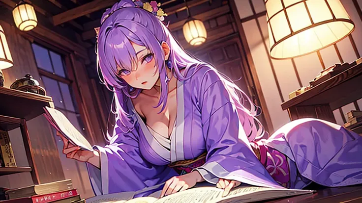 woman　clear　light purple hair　　kimono　　anime style　reading　literature　study