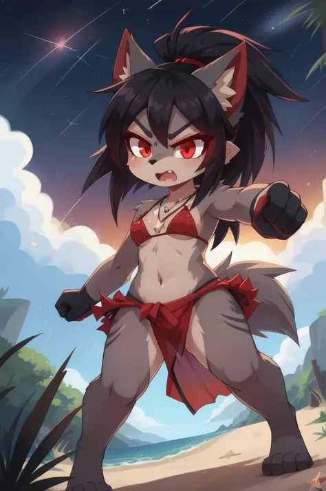 score_9,score_8_up,score_7_up, source_cartoon, source_furry, furry girl, wolf, black hair, punk hairstyle, huge long spiky ponytail, anime style, small breasts, red eyes, makeup, eyeshadows, ((deep red bikini ruffled triangle, high cut bottom, star necklac...