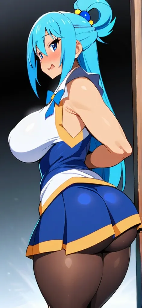  anime girl aqua from konosuba ,busty  with thick thighs and big ass bigger than thighs and head and body , ass view, hyper ass with  long hair , blue skirt panites shown