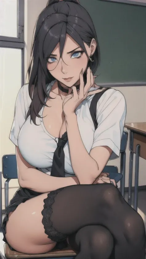 ((Correct Anatomy))、(Female student)、((school uniform))、((Short sleeve))、(Mini Pleated Skirt),(((Black Stockings))),((Lace panties)),((School classroom)),Ultra-high resolution,Mature Woman, Mature Woman, Very detailed,Sunburned skin,Brown Skin, (Big Breast...