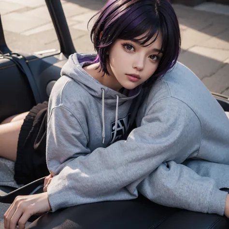 best qualityer,high resolution,girl with short purple hair brown eyes with black sweatshirt