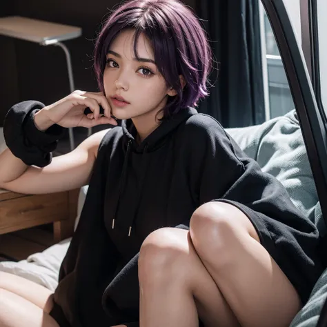 best qualityer,high resolution,girl with short purple hair brown eyes with black sweatshirt