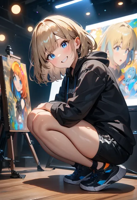 (((One girl))), Shibuya, street, blond hair, bob cut, (looking at viewer), (((full body))), squatting, spread legs, ((arm between legs)), breasts, teenager, head tilt:1.3, (((blue eye))), constricted pupils, (from side:1.3), ((happy smile)), (((black hoodi...