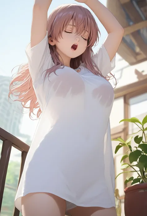 score_9,score_8_up,score_7_up,masterpiece,best quality, source anime, photorealistic, hyperrealistic, 8k,photo,raw,super detailed, extreme detailed, rating_explicit, 
1girl, standing, (arms up, Stretching), Yawning, covering mouth, cowboy shot, from below,...