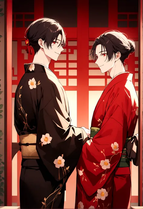 ((red eyes))、引きつけるred eyes、smile、crimson eyes、beautiful man、neutral、black hair、(red eyes)、kimono with camellia pattern、smile、the...