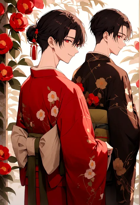 ((red eyes))、引きつけるred eyes、smile、crimson eyes、beautiful man、neutral、black hair、(red eyes)、kimono with camellia pattern、smile、the...