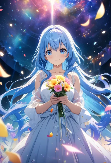 (wallpaper 8k CG), (masterpiece), (Highest quality), Anime Style, masterpiece, Long Hair, girl, (smile), flower-petals rainbow-colored musical notes and stars flowing from her fluttering blue hair. The background is a galaxy, star, Light