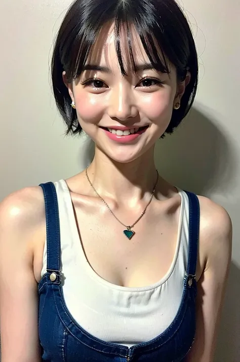 (Best Quality, 8k, 32k, Masterpiece, UHD: 1.2), Cute Japan Woman Pictures, Very Short Bob Hair, Upper Body, Necklace, Simple Background, Look Around, Smiling, Plain Clothes