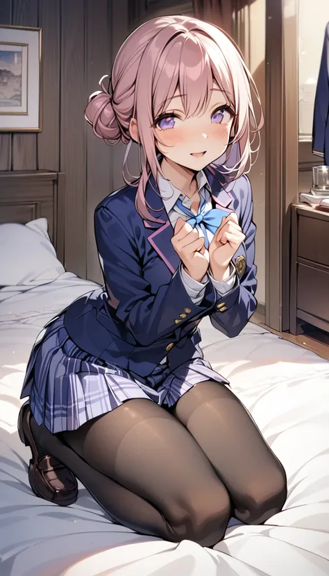 anime girl sitting on a bed holding a cell phone