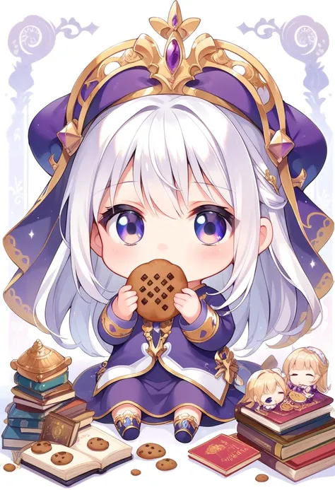 score_9, score_8_up, score_7_up, source_anime, (chibi), eating cookie, spoken heart, sitting, purple clothing, white hair, royal palace background, book, simple background