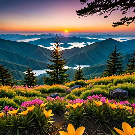 There are big trees and some flowers on the high mountain, with a view of the landscape all bathed in the warm glow of the sunset.