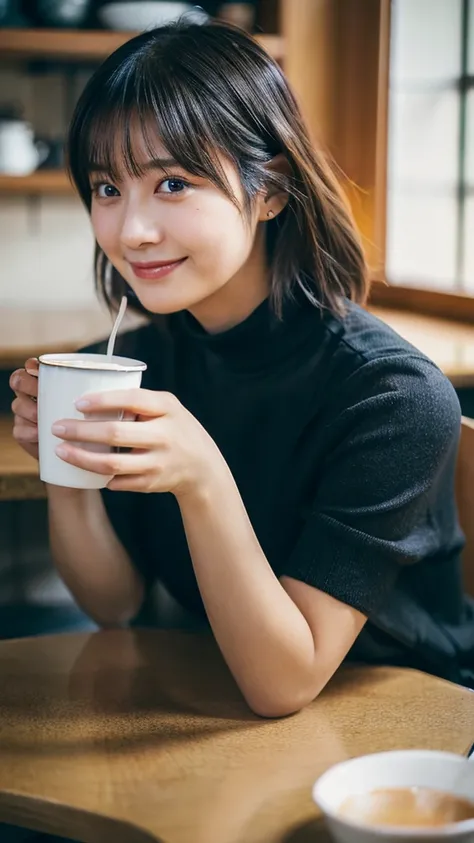 (Highest quality,masterpiece:1.3,Ultra-high resolution),(Very detailed,Caustics,8K),(Realistic:1.4,RAW shooting),Cafe,Counter seats,Chair,Coffee cup,20-year-old,cute,1 Girl,Black Short Hair,Turtleneck sweater,big ,Long skirt,Smiling and looking at the came...