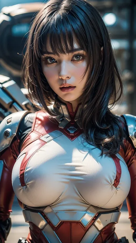 masterpiece, Highest quality, Ultra-realistic, Ultra-detailed, ((8K resolution:1.2)), RAW Photos, Sharp focus, (One girl), alone, ((Gorgeous face:1.2)), Perfect body, Mature Woman, Age 25,  Portraiture, Mecha, White and Red Armor, Nanosuit, sexy, Messy Hai...