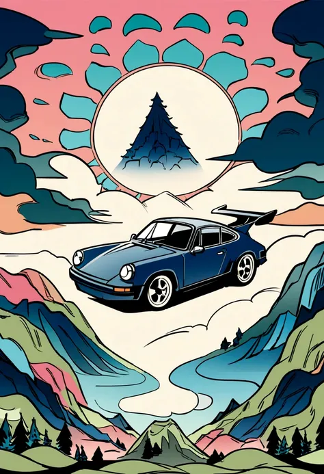 graphique dart ;impact genshin, vecteur, une Porsche Carrera 3, blanche avec un paysage pittoresque de montagne enneigée  en arrière-plan, illustration détaillée, et style rétro