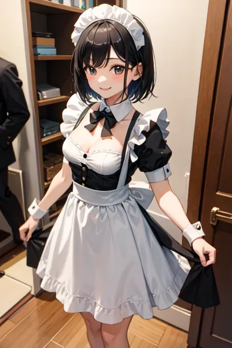 Black Hair、short hair、Girl、Maid clothes、Cosplay、skirt、smile、、Small breasts、