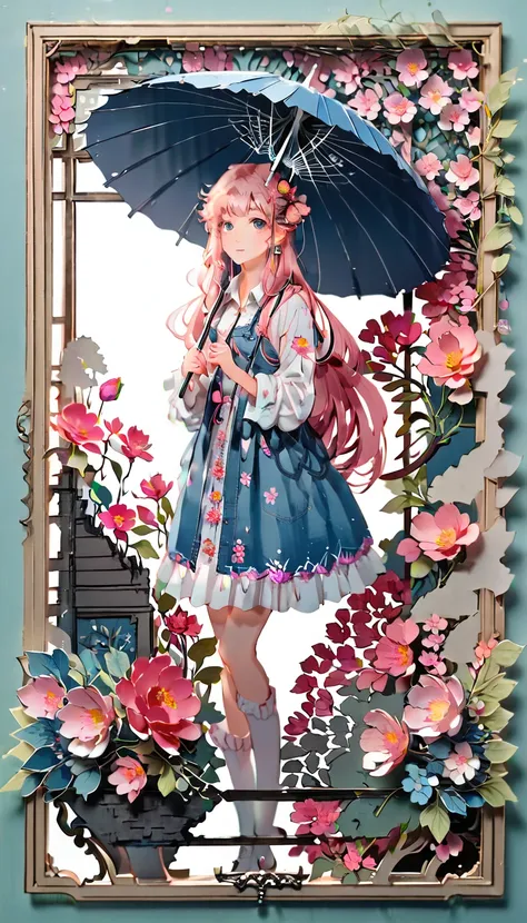 (((paper cutting style))), (frame of illustration is 3D paper cutting: 1.2), (denim and shirts), (pink long hair), (random angle), (random pose), 1 girl, umbrella, flower