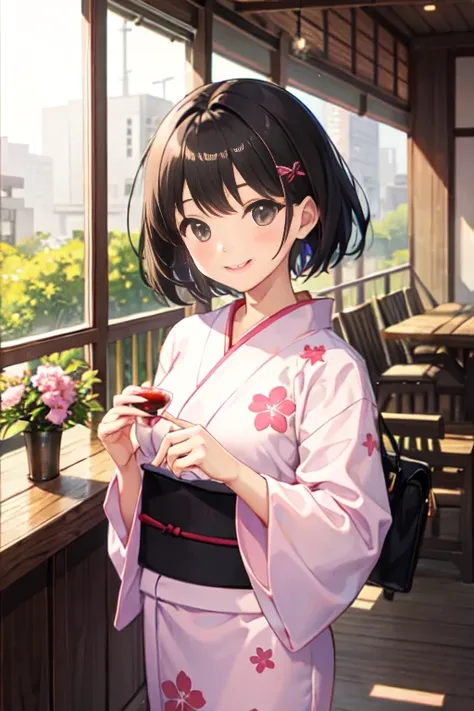 Black Hair、short hair、Girl、Pink Yukata、smile、、