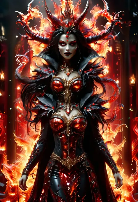 arafed a dark glamour picture of the queen of demons in the halls of hell, (full body shot: 1.3), a demons queen magnificent and...