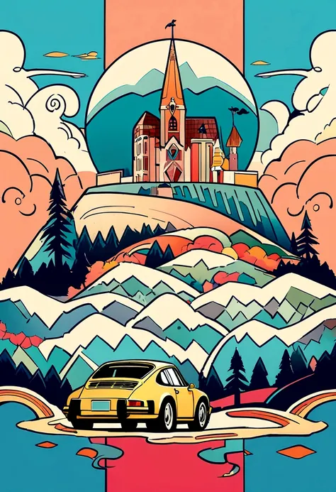 stylized digital illustration, une Porsche Carrera 3, blanche avec un paysage pittoresque de montagne enneigée  en arrière-plan, illustration détaillée, et style rétro