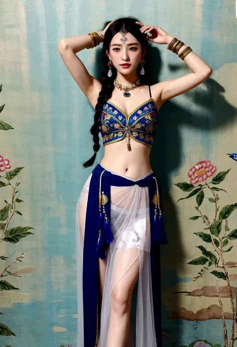 Chinese Beauty ,full-body shot, front。foot，Gorgeous clothing with exquisite embroidery, Flowing tulle, Long transparent colored ribbon tied around the arm, Inspired by the Dunhuang Flying Apsaras murals, Show your belly button, Bare shoulders, bare neck, B...