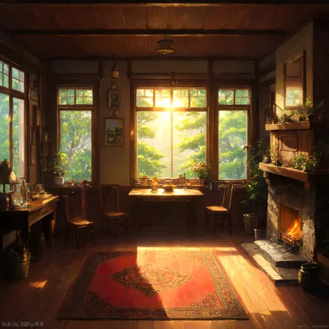 Dimly、It makes me feel nostalgic、古い西洋風のInside the house。The light coming through the dusty window、It casts a complex shadow on the reddish carpet.。In the center of the room、There is an old wooden table and chairs.、Deep inside、fireplaceの上の大きなmirrorに部屋全体が映り込...