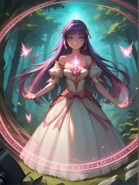 ((Best quality)), ((masterpiece)), (detailed), ((perfect face)), One Girl、Pink long hair、blue eyes、A white dress with black lace、large pink ribbon on the chest、Magical forest, Casting a spell, Twilight, Enchanted and mystical, Mid shot, Glowing lights, Mag...