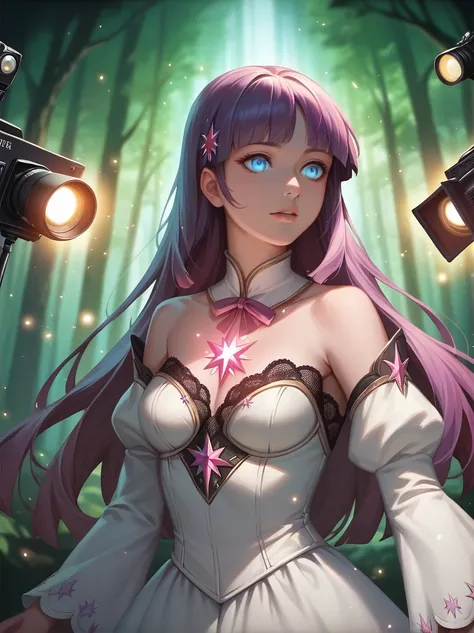 ((Best quality)), ((masterpiece)), (detailed), ((perfect face)), One Girl、Pink long hair、blue eyes、A white dress with black lace、large pink ribbon on the chest、Magical forest, Casting a spell, Twilight, Enchanted and mystical, Mid shot, Glowing lights, Mag...