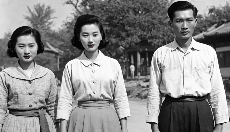 Chinese 50s，Early years of the founding of the country，People in simple clothes，old photo。RAW photos，Best quality，（reality，照⽚reality感：1.3）