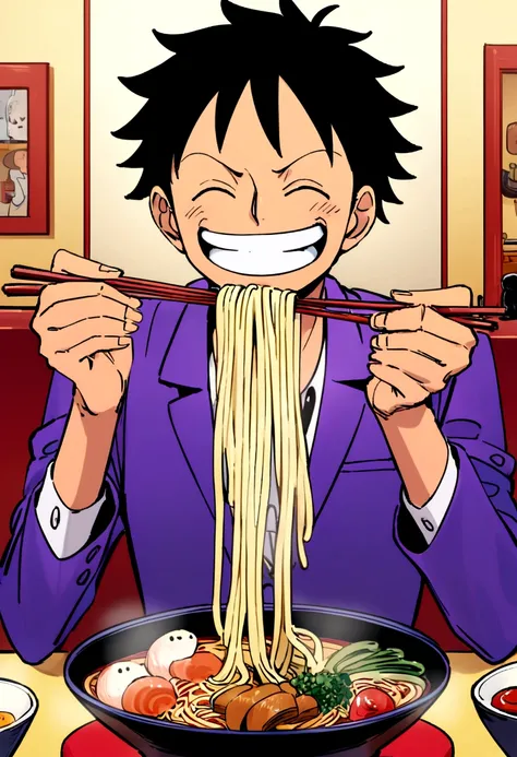 One piece universe. Luffy anime character, eating many bowls of noodles in a modern asian restaurant. happy attitude and smiling. Eyes closed