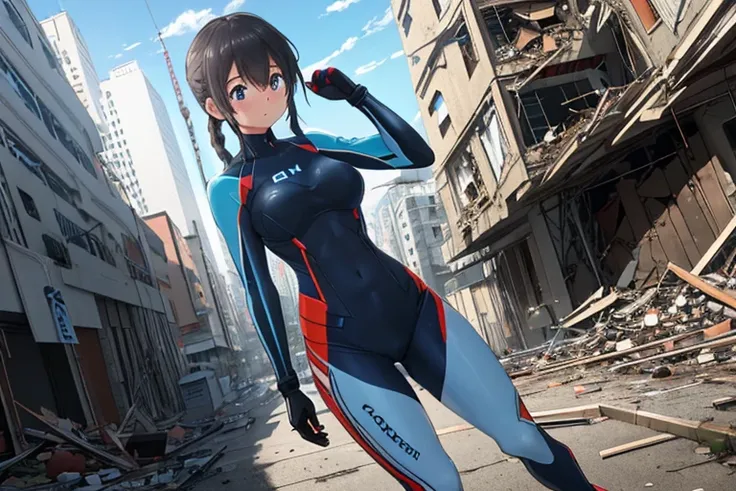 High resolution,high quality,(Perfect body),Powered Suit,白と青のPowered Suit,汚れたPowered Suit,Collapsed Building,One Girl,座っている