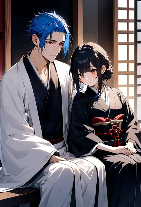 a handsome man who looks like a white fox who has red eyes, blue hair and wearing Japanese clothes, sitting together with a beautiful brown-eyed girl with long black hair, who looks like a