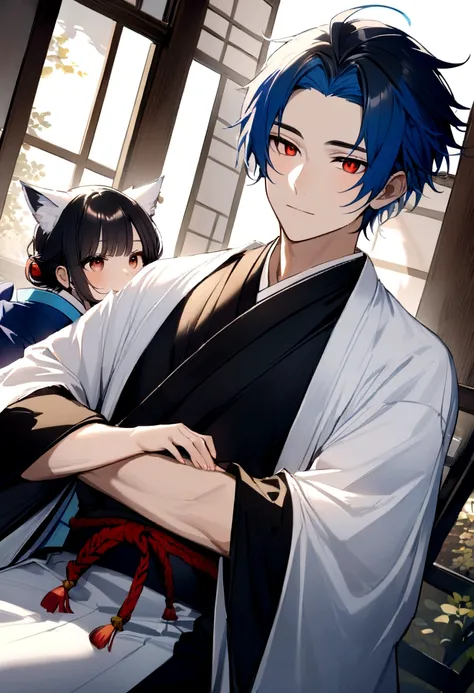 a handsome man who looks like a white fox who has red eyes, blue hair and wearing Japanese clothes, sitting together with a beautiful brown-eyed girl with long black hair, who looks like a