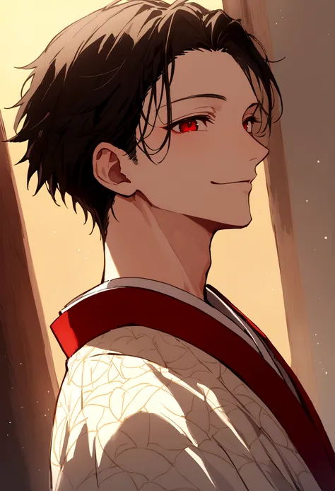 ((red eyes))、引きつけるred eyes、smile、crimson eyes、beautiful man、1 person、neutral、black hair、(red eyes)、kimono with camellia pattern、...