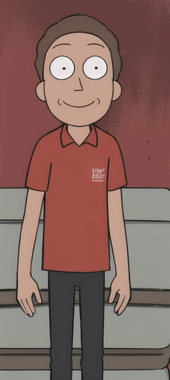 1 young boy,standing alone, points for eyes, brown hair red shirt, black pants, work of art, best qualityer, flat colour, trunk, Grinning, loking at viewer