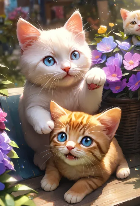 garden, Lots of cute kittens,Blur the background,Glitter effect,Highest quality, 8K, High resolution, masterpiece:1.2, Very detailed, Realistic:1.37, High resolution, 超High resolution, Ultra-fine painting, Very detailed, Professional, Vibrant colors