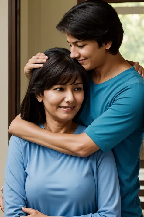 Son and mom hug but necked pic