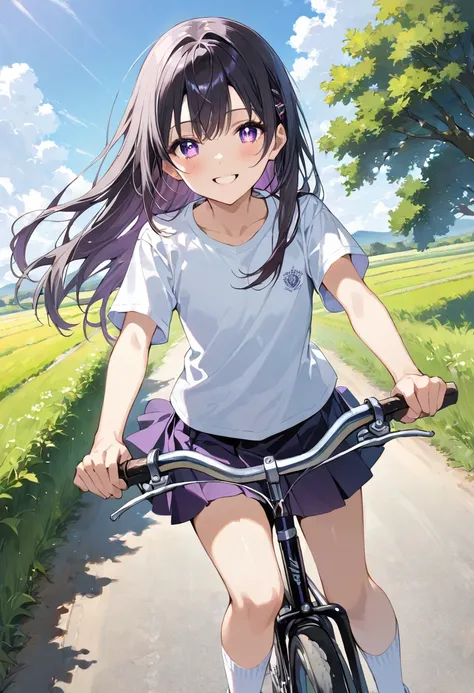 masterpiece, best quality, ultra detailed, sparkling eyes, Elementary highschool girl, 16 years old, flat chest, black hair, long hair, purple eyes, smiling（one person), Upper body plain white T-shirt, Black mini skirt, White socks, sneakers, Rural landsca...