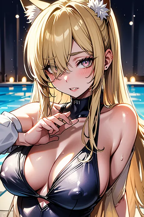 ogata kanna, long hair, ponytail, large breasts, animal ears, halo, hair over one eye, animal ear fluff, blonde hair, sharp teeth, pool, pool side, white school swimsuit, detailed face, beautiful detailed eyes, beautiful detailed lips, extremely detailed e...