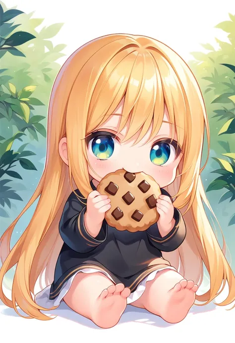 score_9, score_8_up, score_7_up, source_anime, (chibi), eating cookie, spoken heart, sitting, golden hair, black shirt, black short, forest background, simple background