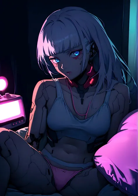 Imagine Lucy from cyberpunk edge runner, white short hair, pink line hair, blue eyes, cyborg implants, skin implants, Cyberpunk theme, white tank top, braless, pink panties, sitting on cozy room. Chilling, Neon lamps, retro music player